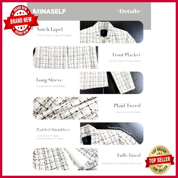 Women's Tweed Blazer Slim Fit Fully Lined Office Wear Professional Jacket - Picture 6 of 7